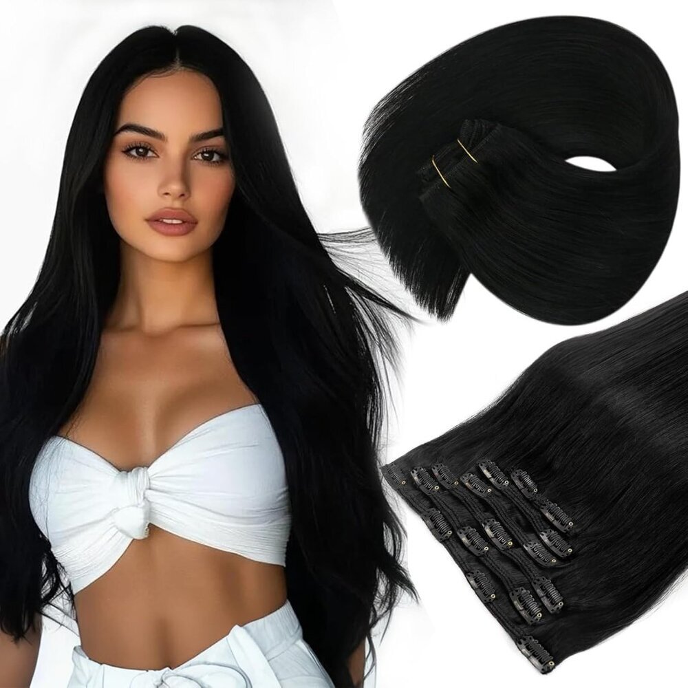 Clip In Hair Extensions Human Hair 22 Inch Straight Natural Black Women